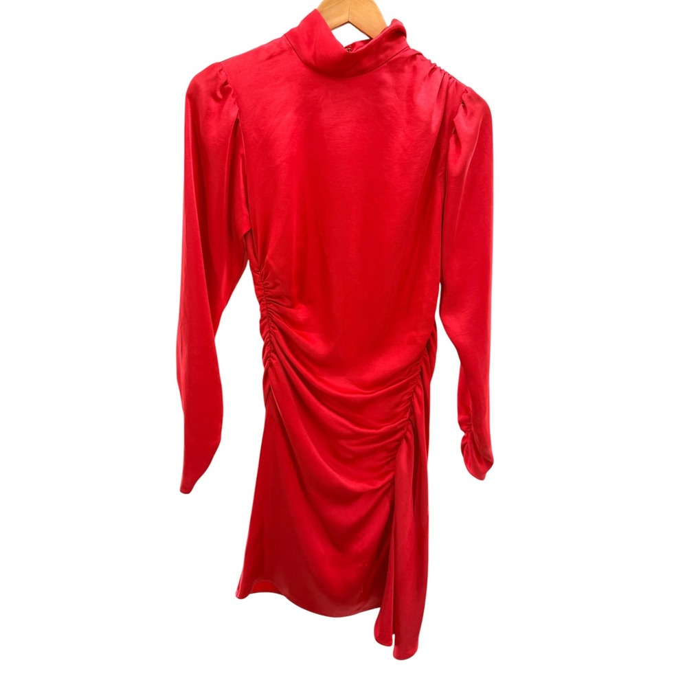 A.L.C. Joss Ruched Satin Mini Dress Red Hibiscus 2 Mock Neck Asymmetric Flawed